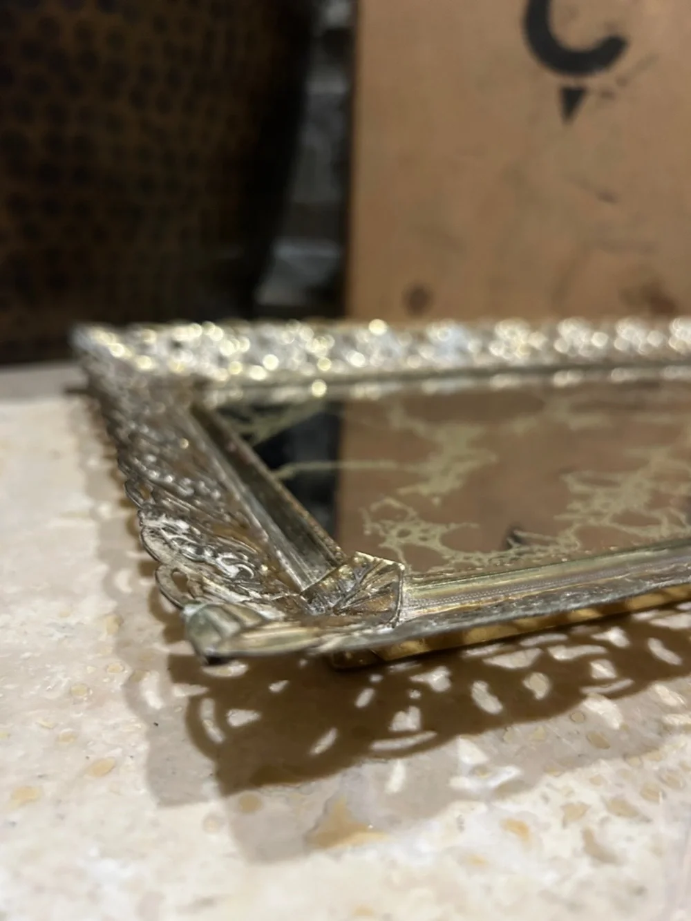 Ornate Vintage Hollywood Regency Gold Filigree Mirrored Vanity Tray